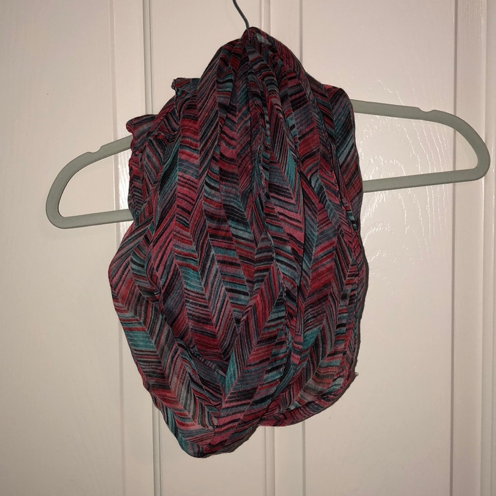 Teal, Red, and Black Herringbone Infinity Scarf